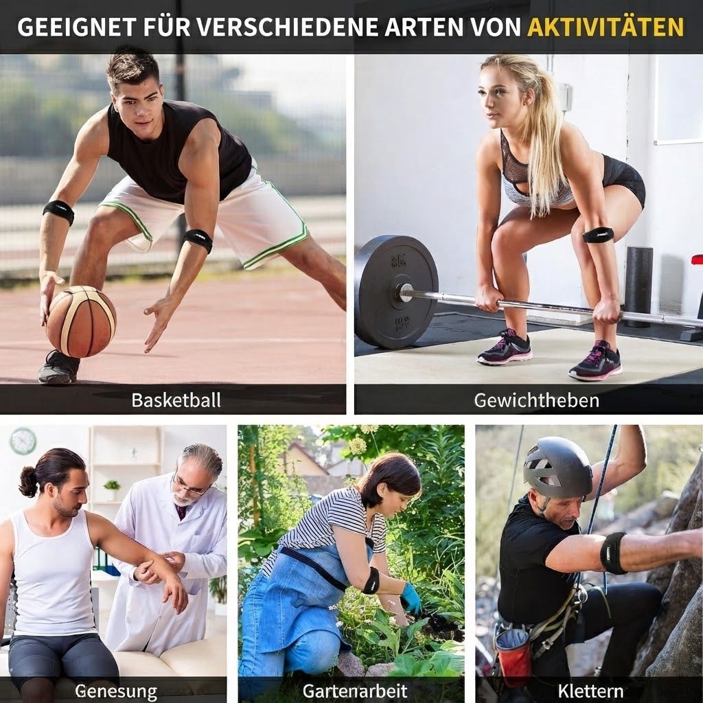 Fünf Szenen zeigen Sport und Aktivitäten: Basketball, Gewichtheben, Genesung, Gartenarbeit, Klettern. Alle mit Bandagen.
