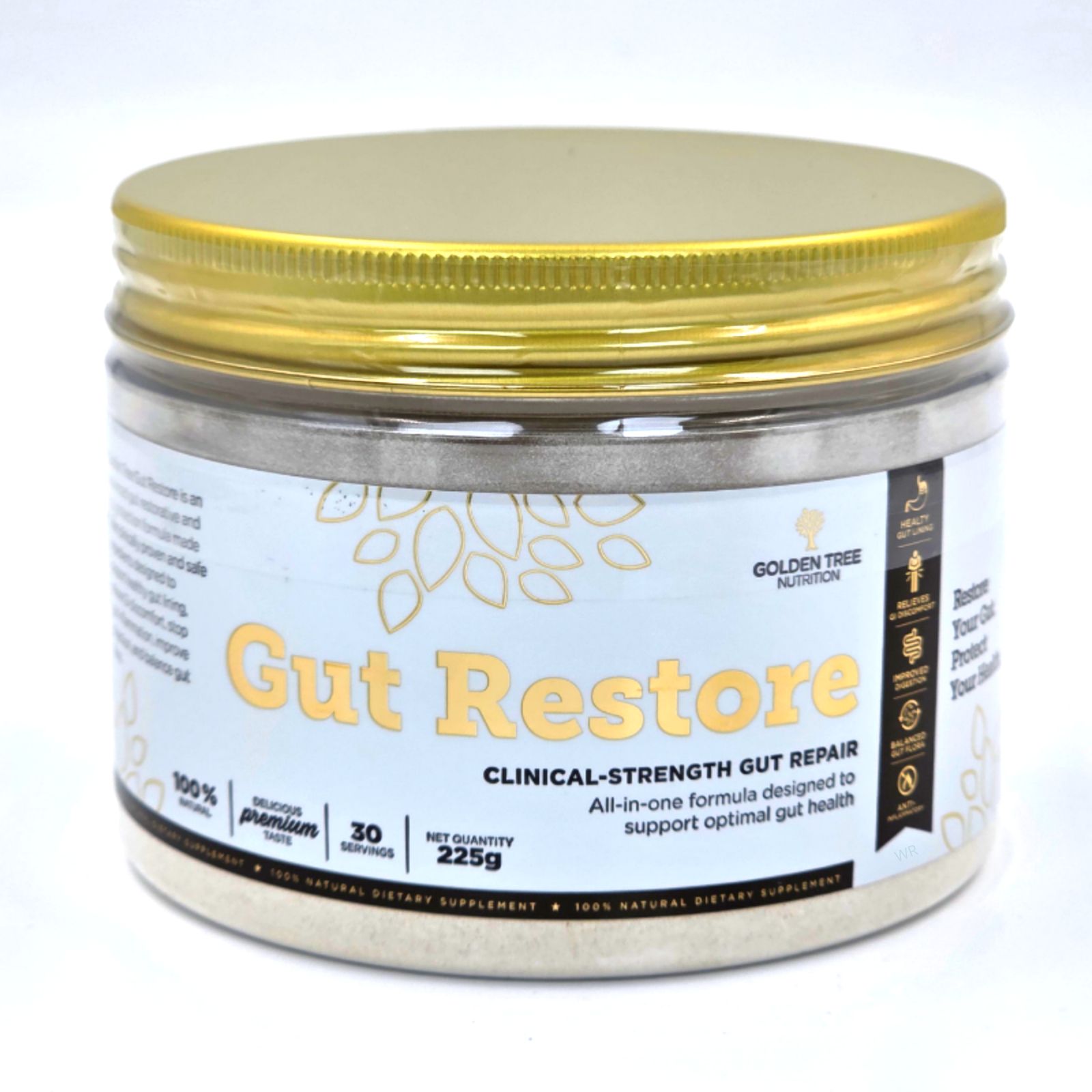 Behälter mit Gut Restore. Weißes Pulver, goldener Deckel. Aufschrift: Gut Restore, Golden Tree Nutrition, 30 Portionen, 225g.