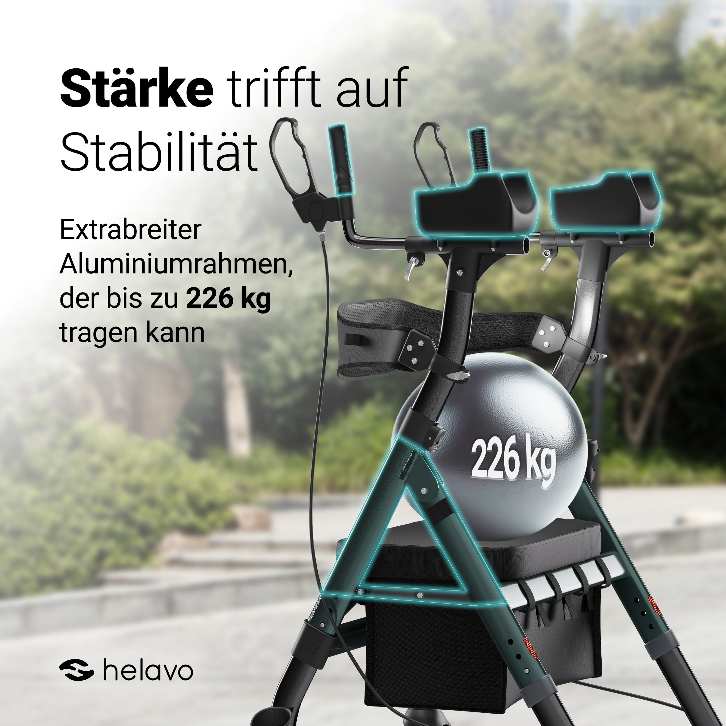 Rollator mit verstärktem Rahmen, belastbar bis 226 kg.