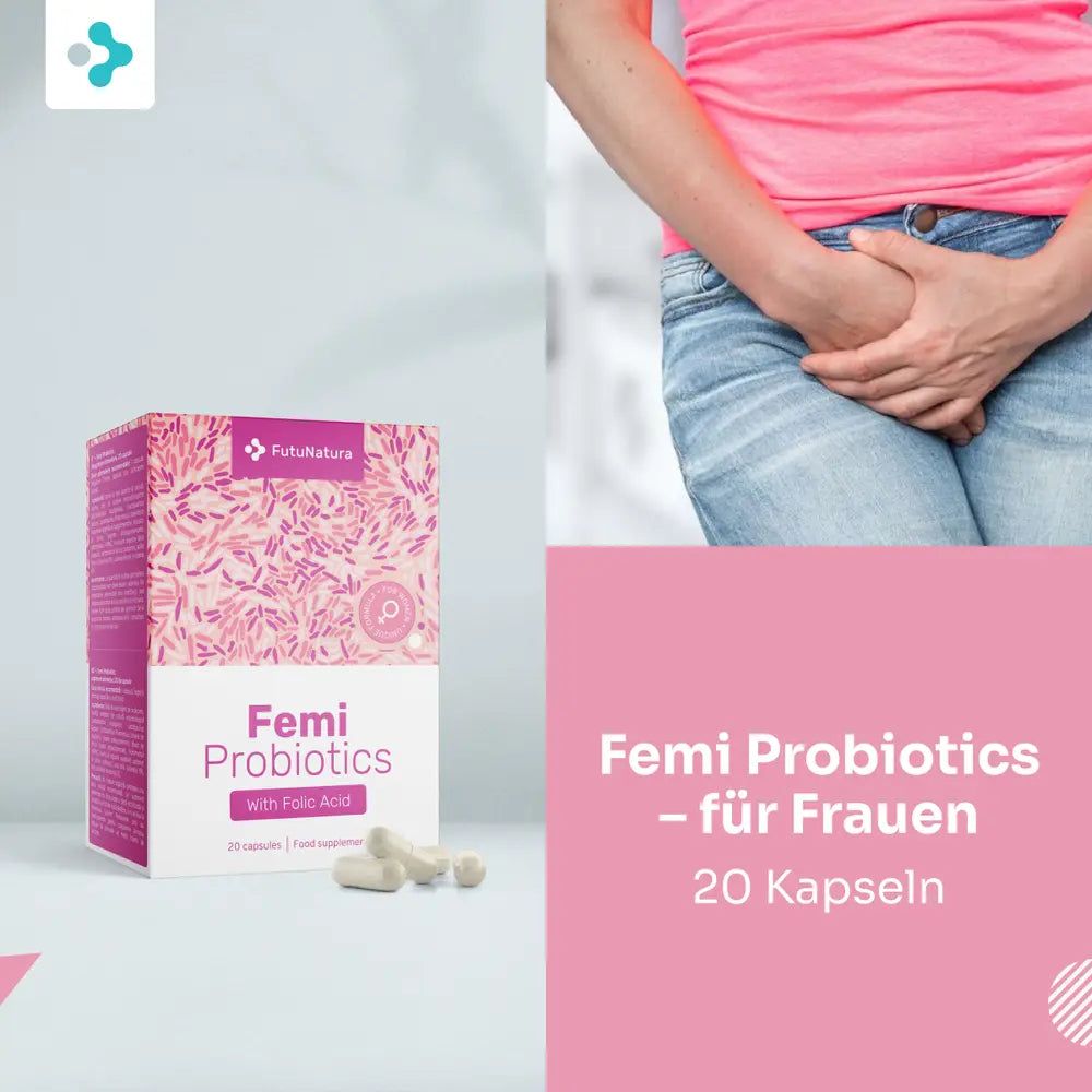 FutuNatura Femi Probiotics Packung und Kapseln. Text: Femi Probiotics - für Frauen. 20 Kapseln. Frau hält Hände im Schoß.
