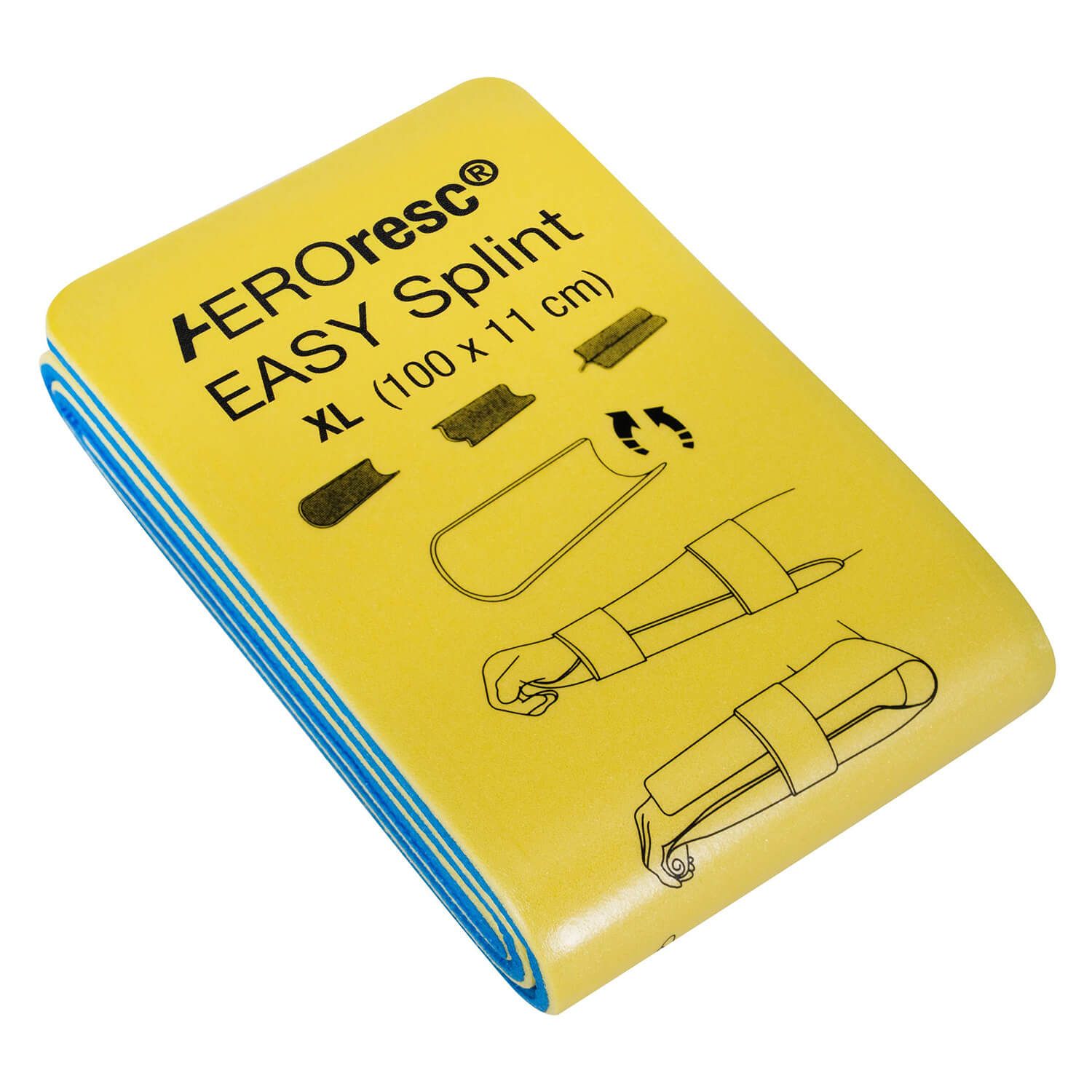 Gelb-blaue, gefaltete Universalschiene. Aufschrift: AEROresc EASY Splint XL (100 x 11 cm). Illustrationen zur Anwendung.