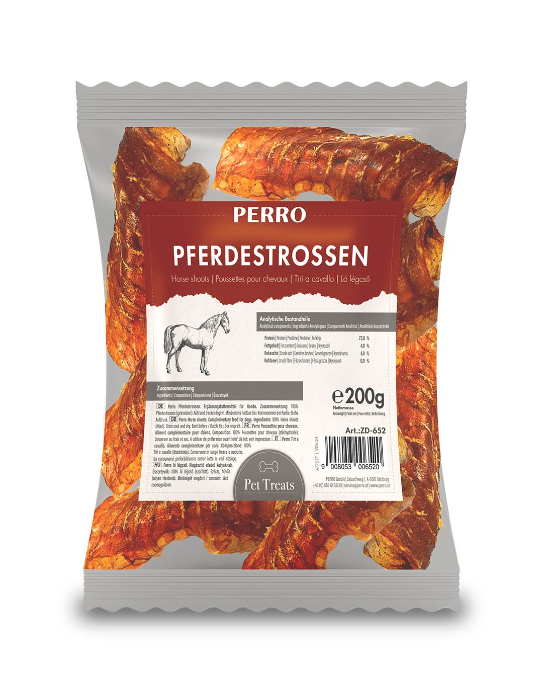 Verpackung mit PERRO Pferdestrossen. Braune, gerollte Kausnacks. Aufdruck: PERRO, PFERDESTROSSEN, e200g. Mit Abbildung eines Pferdes.