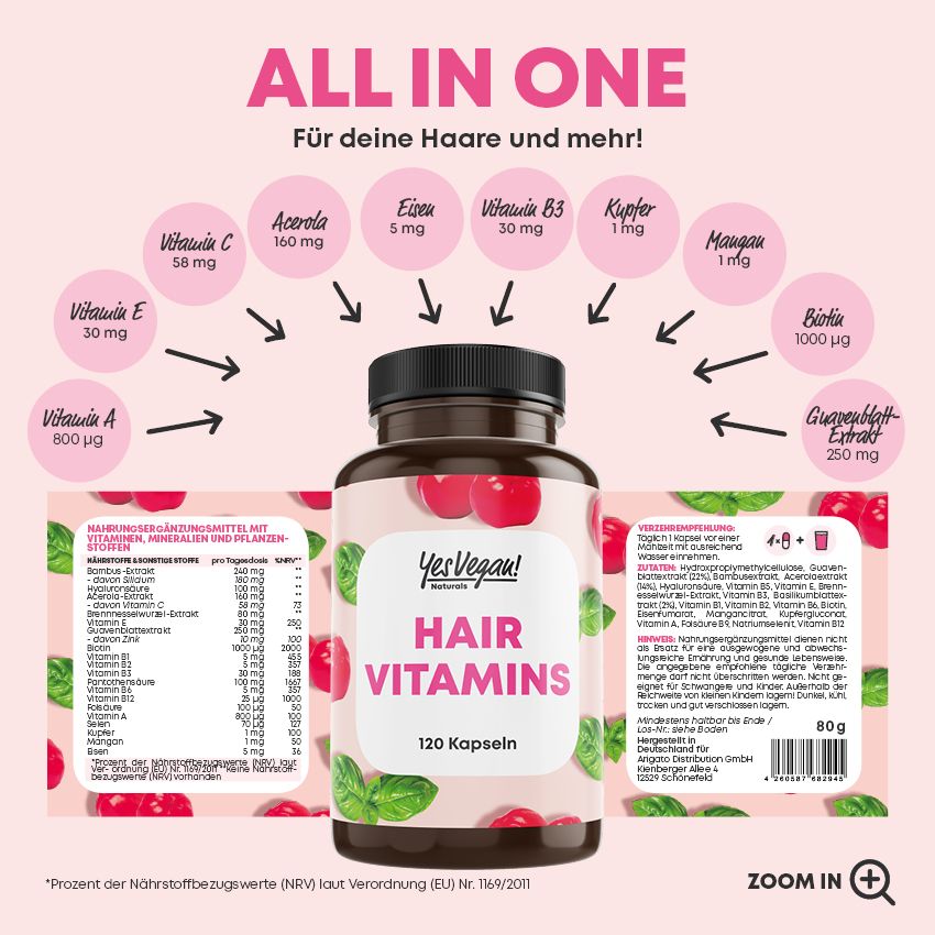 Braune Flasche mit Kapseln. Aufschrift: Hair Vitamins, 120 Kapseln. Inhaltsstoffe und Nährwertangaben auf der Rückseite.