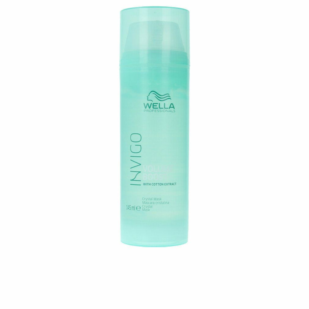 Türkisgrüne Flasche mit Wella Invigo-Logo und Text. Produktname: Volume Boost Crystal Mask. Mit Baumwollextrakt. 200 ml.