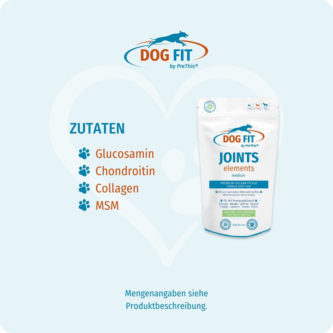 Produktverpackung DOG FIT JOINTS elements. Text: ZUTATEN: Glucosamin, Chondroitin, Collagen, MSM. Text: Mengenangaben siehe Produktbeschreibung.