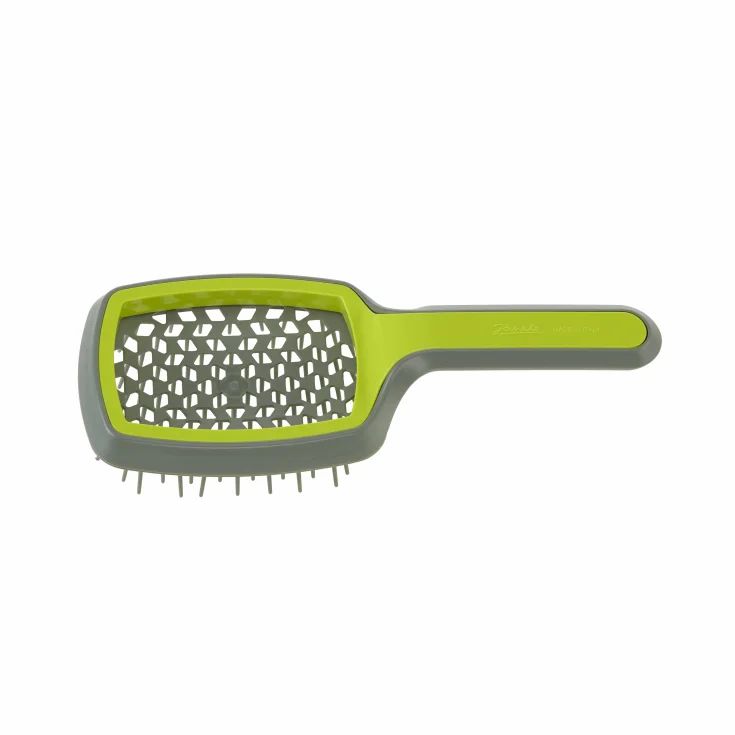 Grüne und graue Haarbürste mit Griff. Der Bürstenkopf hat ein wabenförmiges Design und graue Borsten.