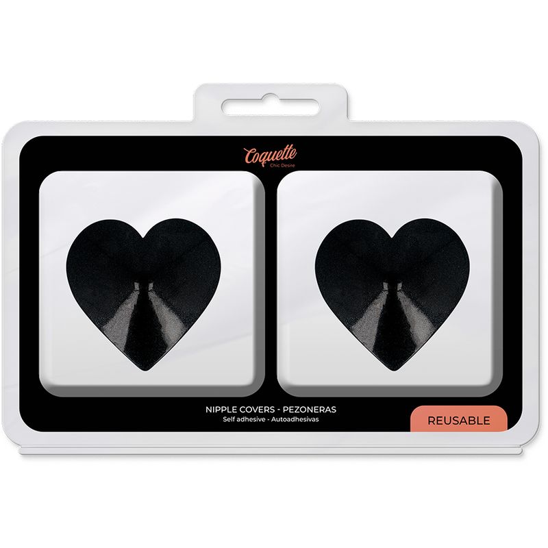 Verpackung mit zwei schwarzen Herz-Nippelabdeckungen. Marke Coquette. Wiederverwendbar. Aufkleber-Design.