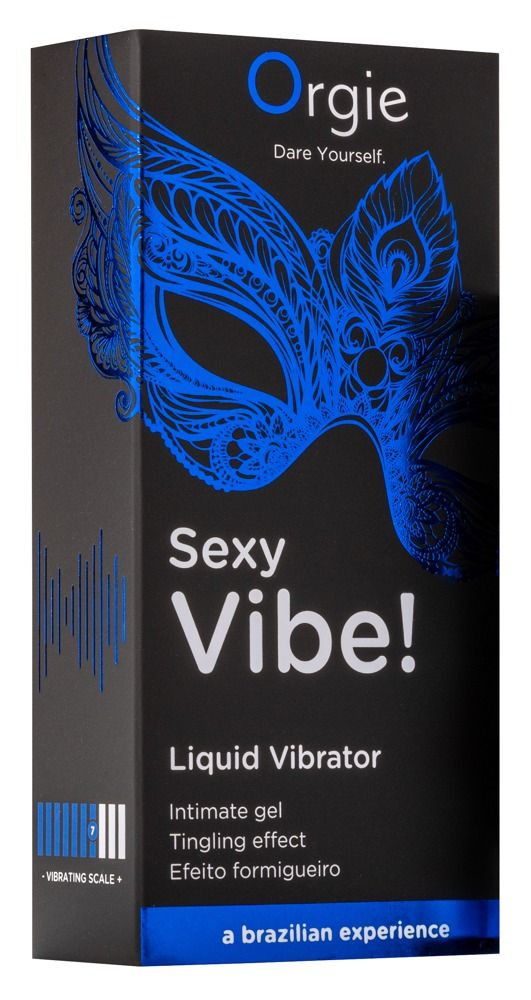 Schwarze Verpackung mit blauem Masken-Design. Text: Orgie, Sexy Vibe!, Liquid Vibrator, Intim-Gel, prickelnde Wirkung.