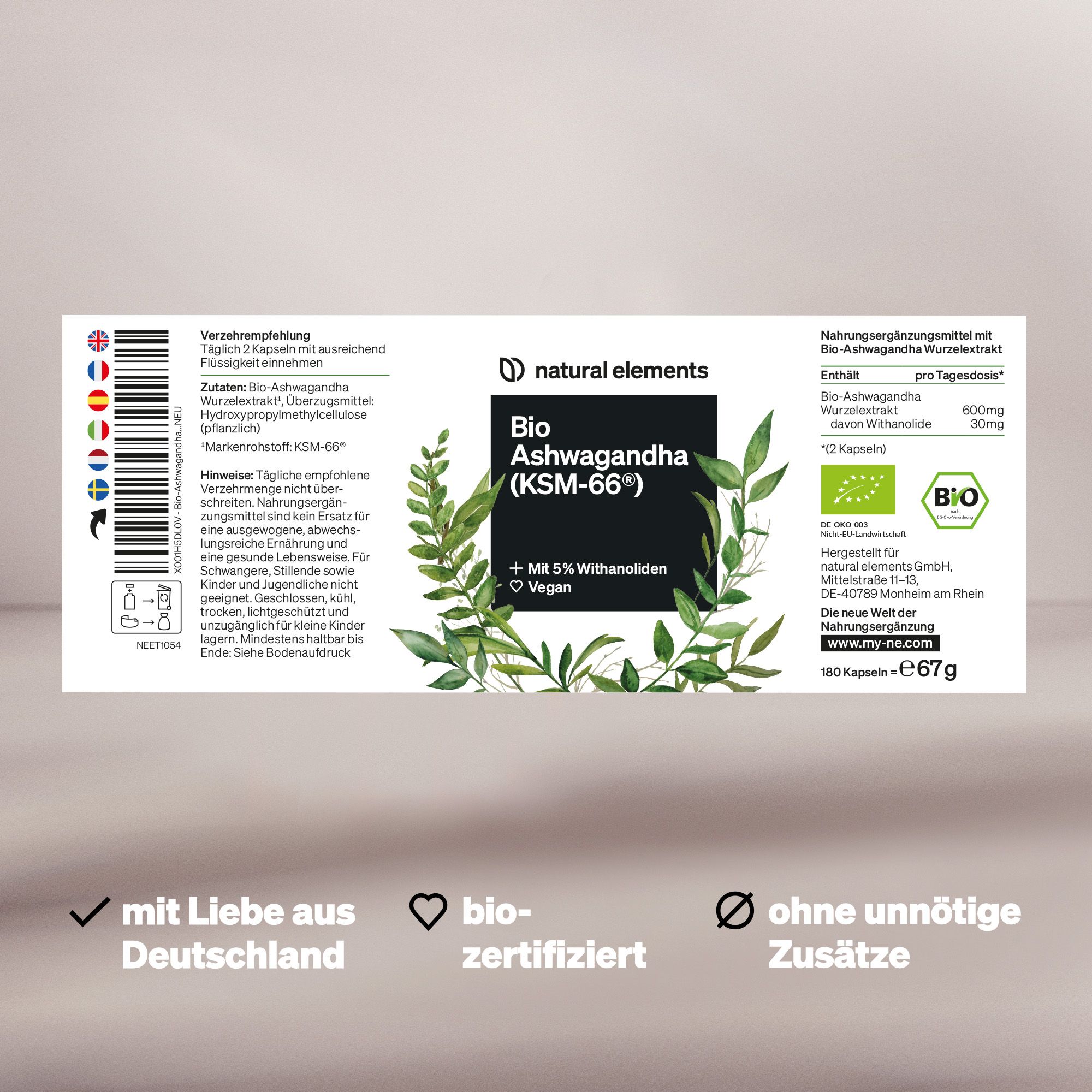 Produktetikett mit Informationen zu Bio Ashwagandha (KSM-66®). Enthält Angaben zu Inhaltsstoffen, Dosierung und Bio-Zertifizierung.