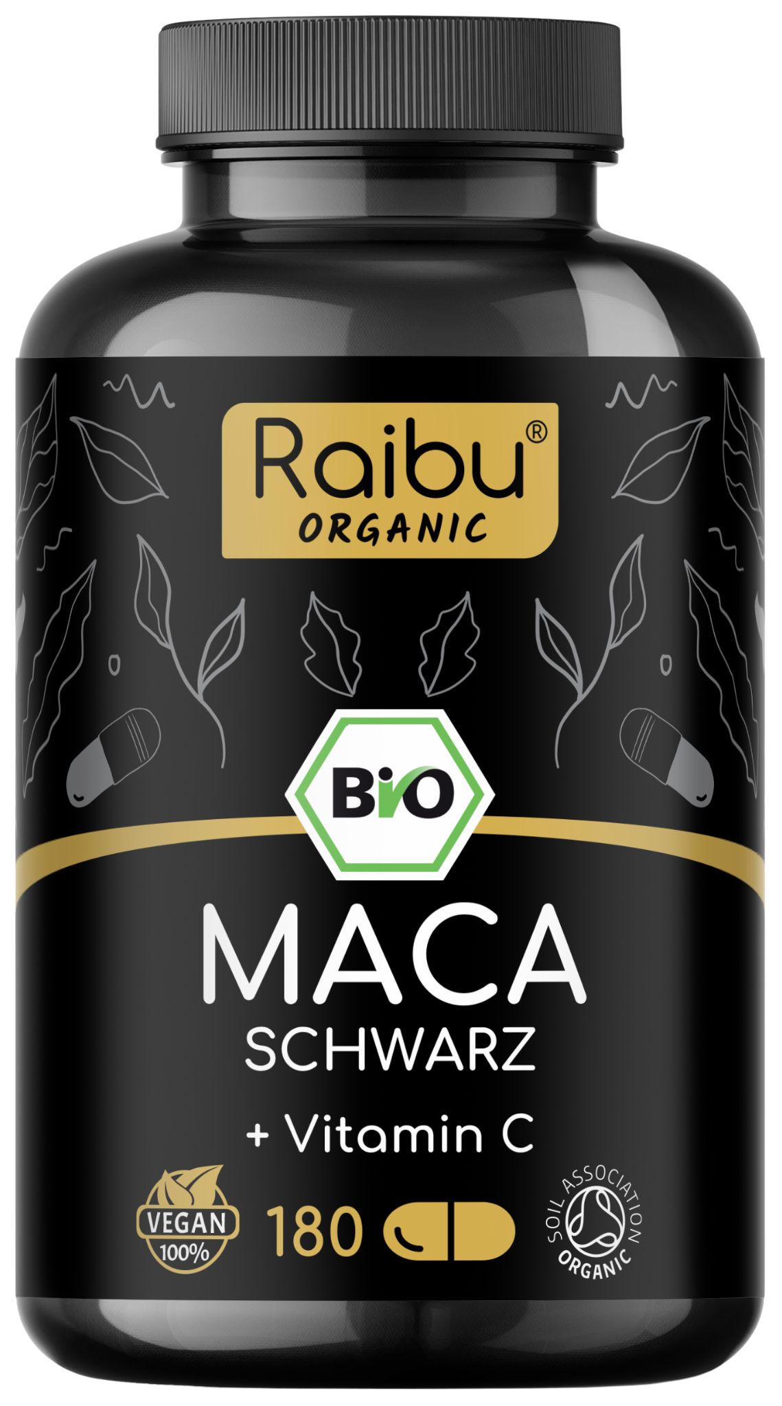 Schwarze Kapseln in einer schwarzen Flasche. Enthält 180 Kapseln. Mit Vitamin C. Marke: Raibu Organic. Bio-Siegel.