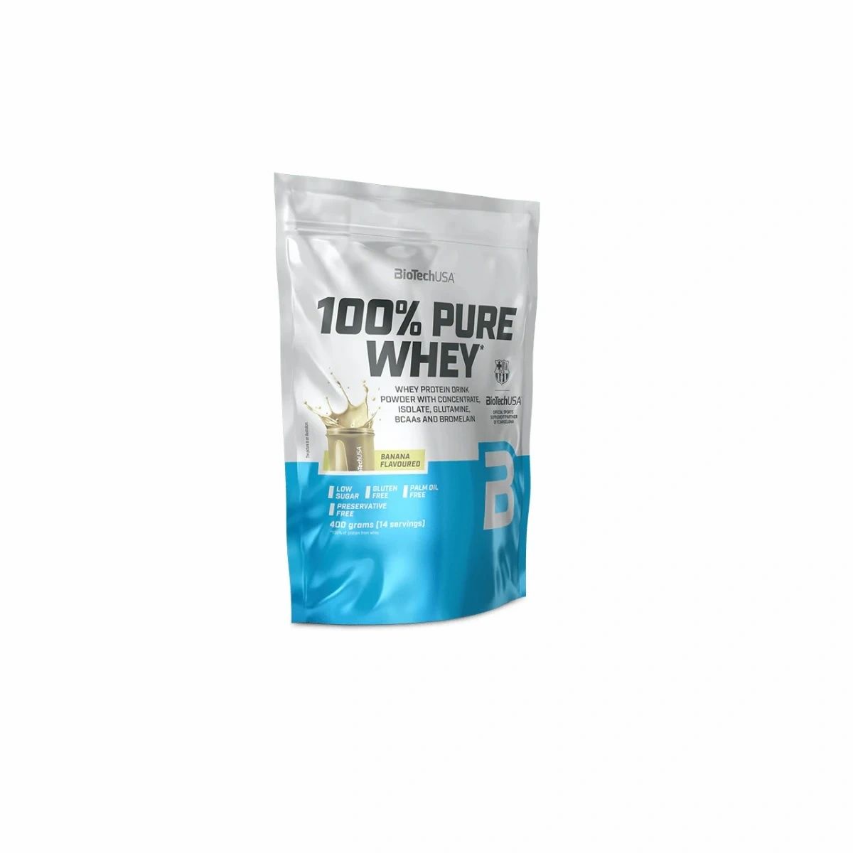 BioTech 100% Pure Whey Proteinpulver in Bananengeschmack. Weiße und blaue Verpackung mit Produktinformationen.