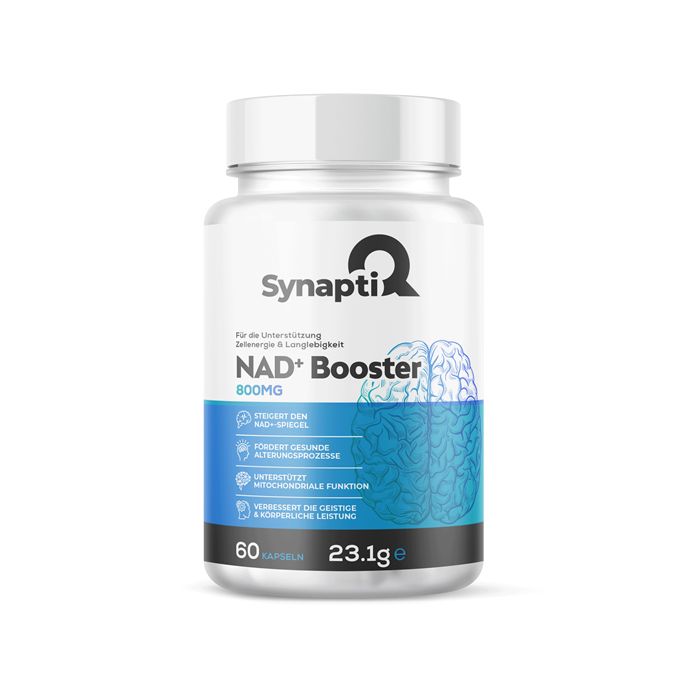 Weißes Kunststoff-Behälter mit Kapseln. Aufschrift: SynaptiQ, NAD+ Booster, 800mg. Blaue Grafik: Gehirn. 60 Kapseln, 23.1g.