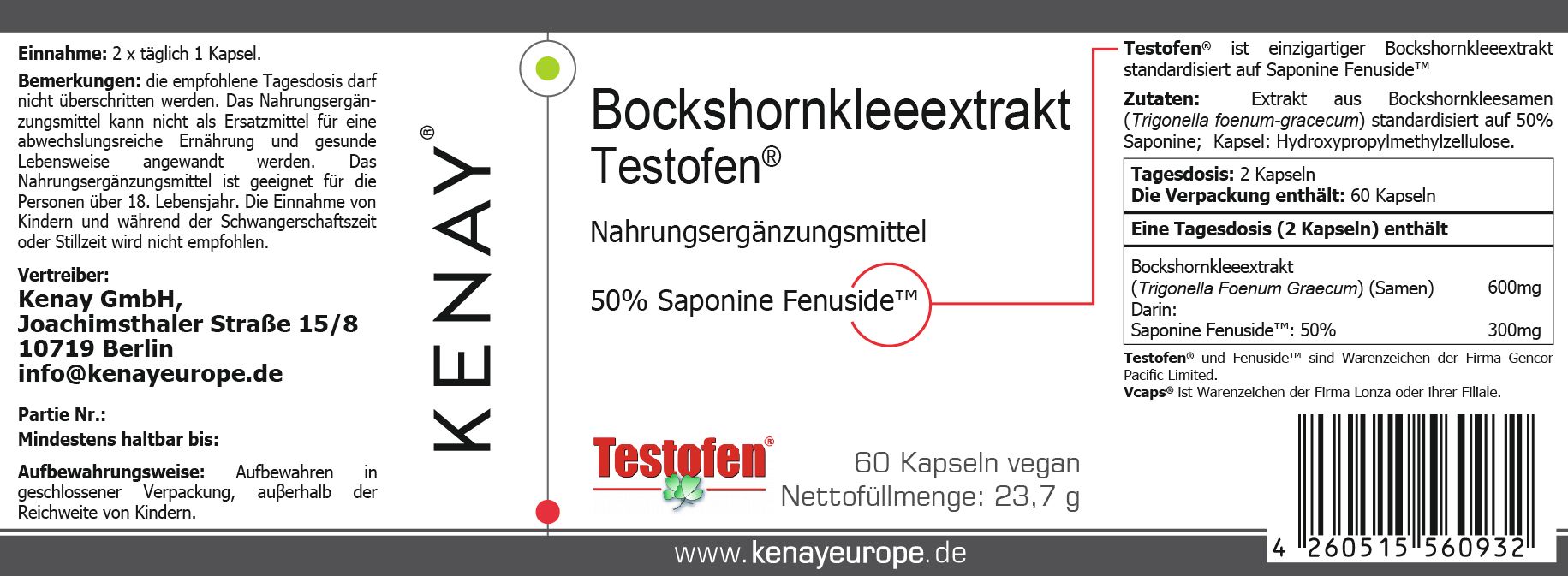 Etikett mit Produktinformationen. Aufschrift: Bockshornkleeextrakt Testofen®, 50% Saponine Fenuside™. Enthält 60 Kapseln. Inhaltsstoffe und Herstellerangaben.