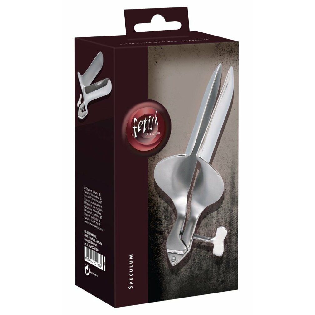 Vaginalspekulum in Verpackung. Box mit Produktabbildung. Marke: fetish. Aufschrift: Speculum.