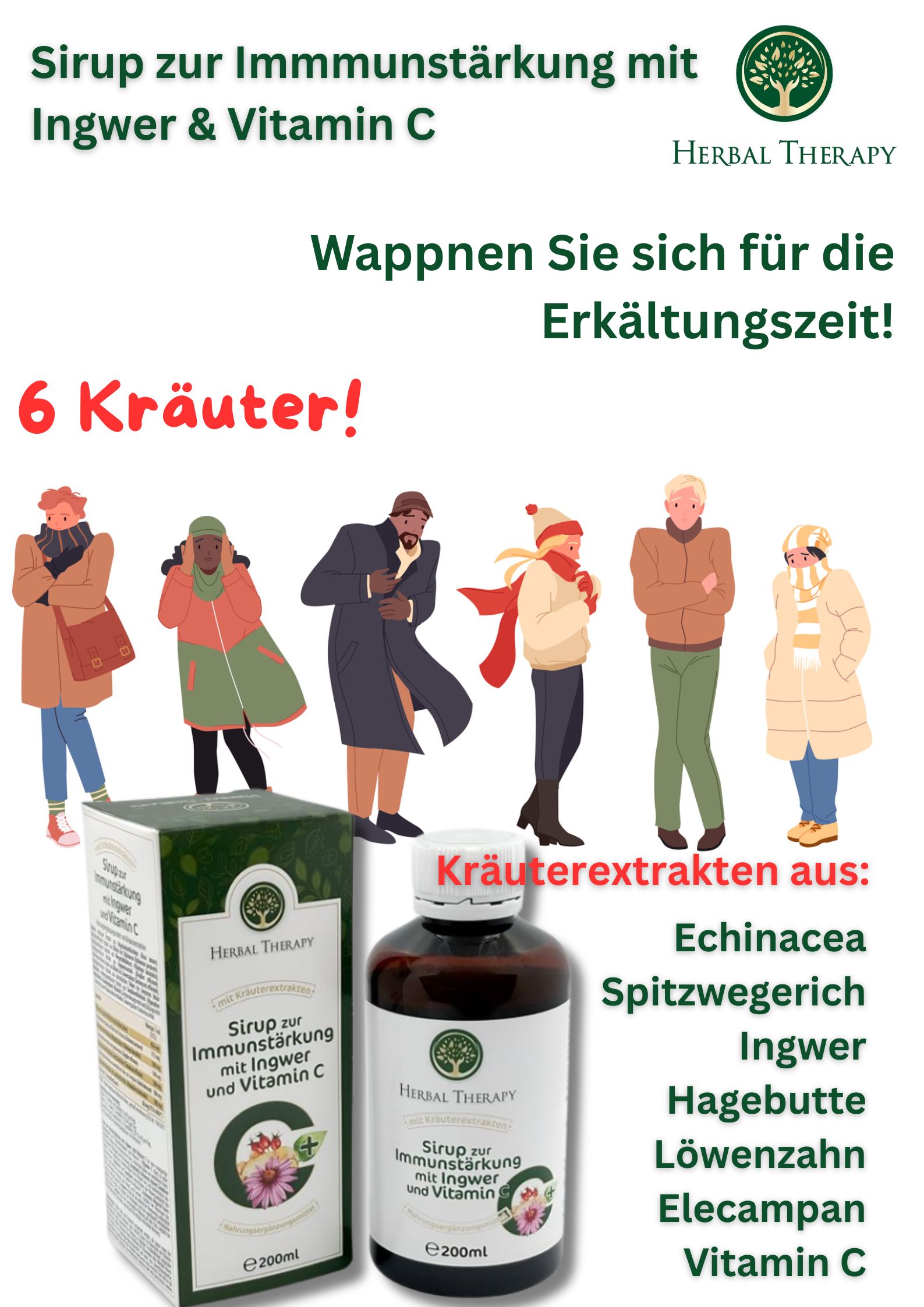 Werbebild. Flasche und Schachtel. Text: Sirup zur Immunstärkung mit Ingwer & Vitamin C. 6 Kräuter! Illustrationen.