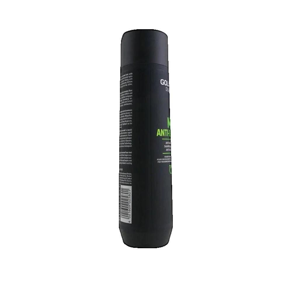 Schwarze Shampoo-Flasche mit grüner und weißer Beschriftung. Aufschrift: MEN ANTI-DANDRUFF. Seitenansicht.