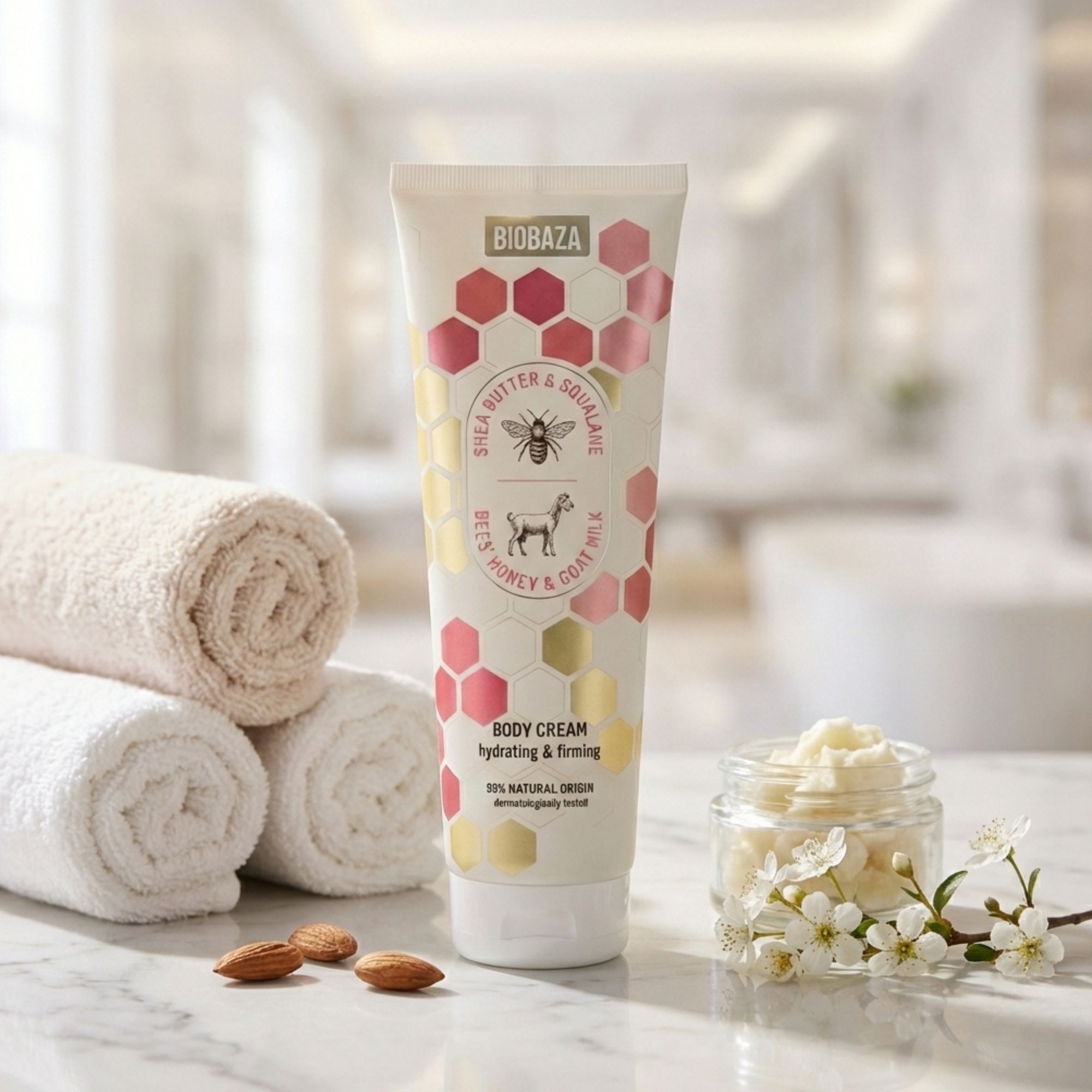 Creme-Tube mit Bienen- und Ziegenmotiv. Aufschrift: Shea Butter & Squalan, Honig & Ziegenmilch. Handtücher, Mandeln und Glas.