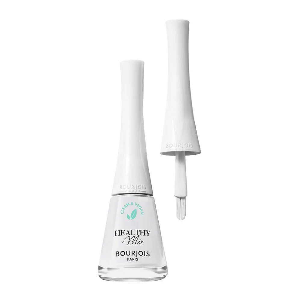 Nagellackflasche mit Pinsel, weiß. Aufschrift: Healthy Mix, Bourjois. Clean & Vegan Logo.