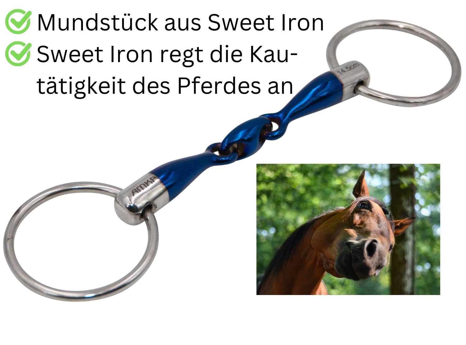 Gebiss, blau und silberfarben, mit Pferd. Text: Mundstück aus Sweet Iron, Sweet Iron regt die Kautätigkeit des Pferdes an.