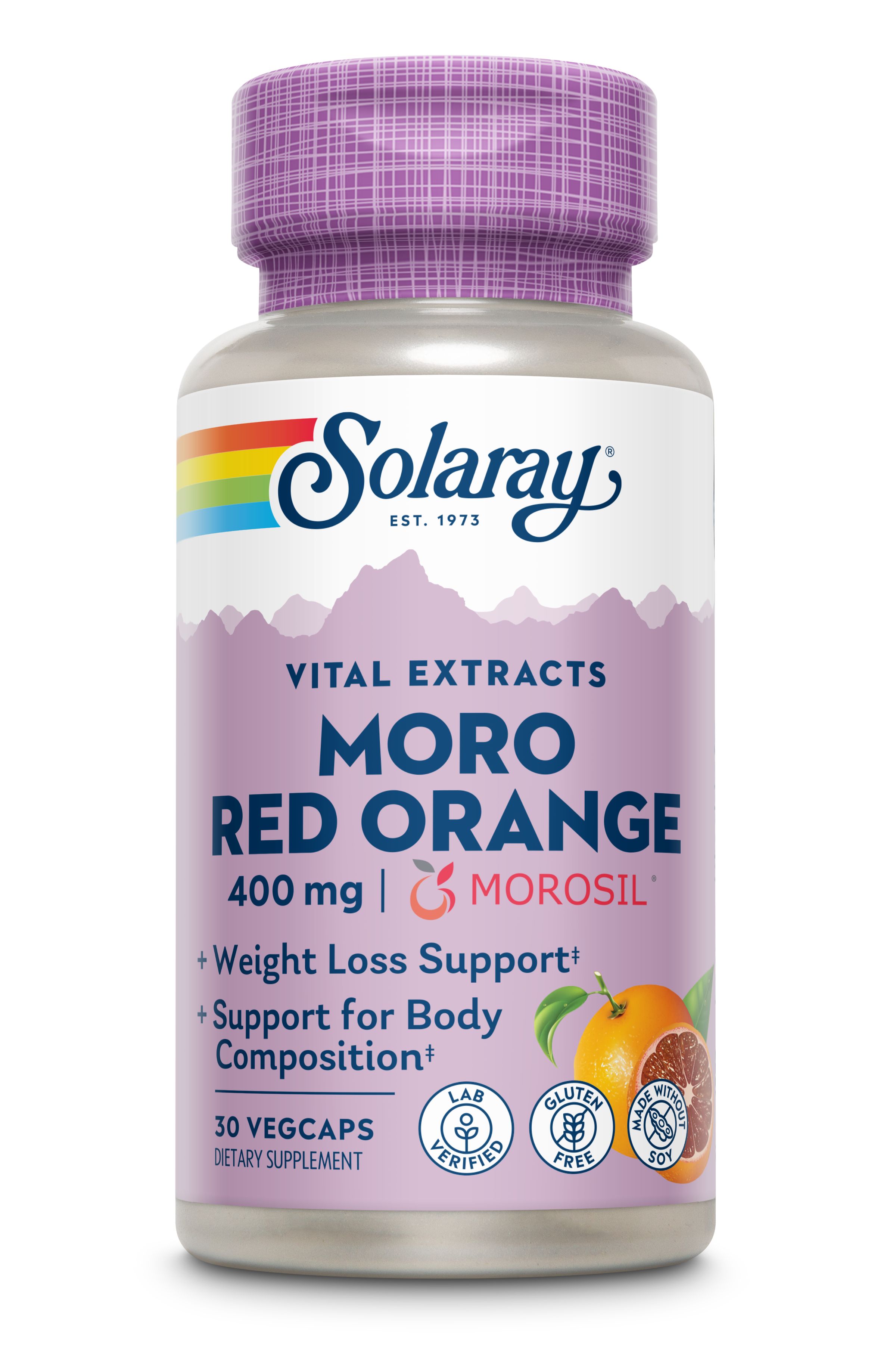 Solaray Moro Red Orange. Flasche mit Kapseln. Aufschrift: 400 mg, +Gewichtsverlust-Unterstützung, 30 Vegcaps. Glutenfrei, ohne Soja.