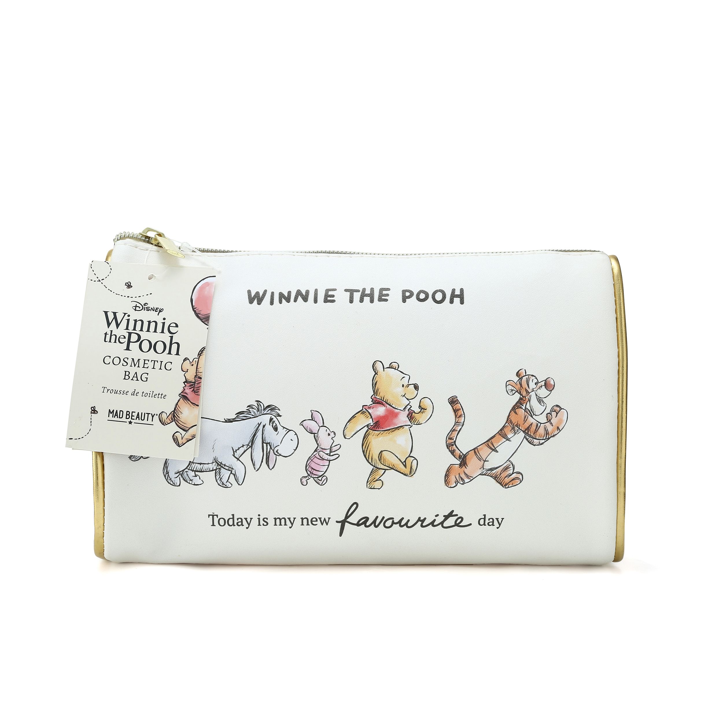Weiße Kosmetiktasche mit Winnie the Pooh-Motiv und goldenen Details. Aufdruck mit Figuren und Schriftzug. Mit Anhänger.