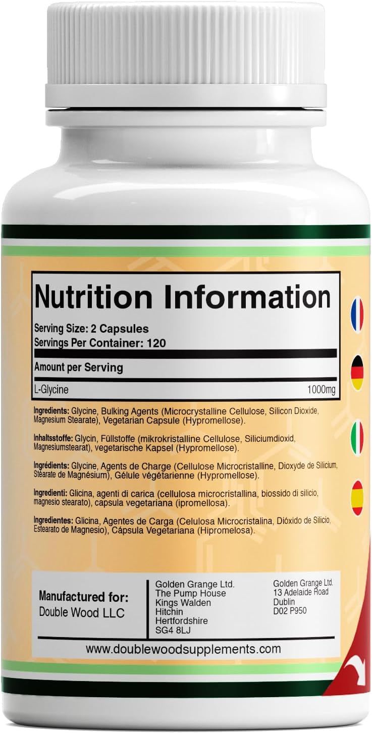 Flasche mit L-Glycin Kapseln, 1000mg pro Portion, 240 Kapseln.