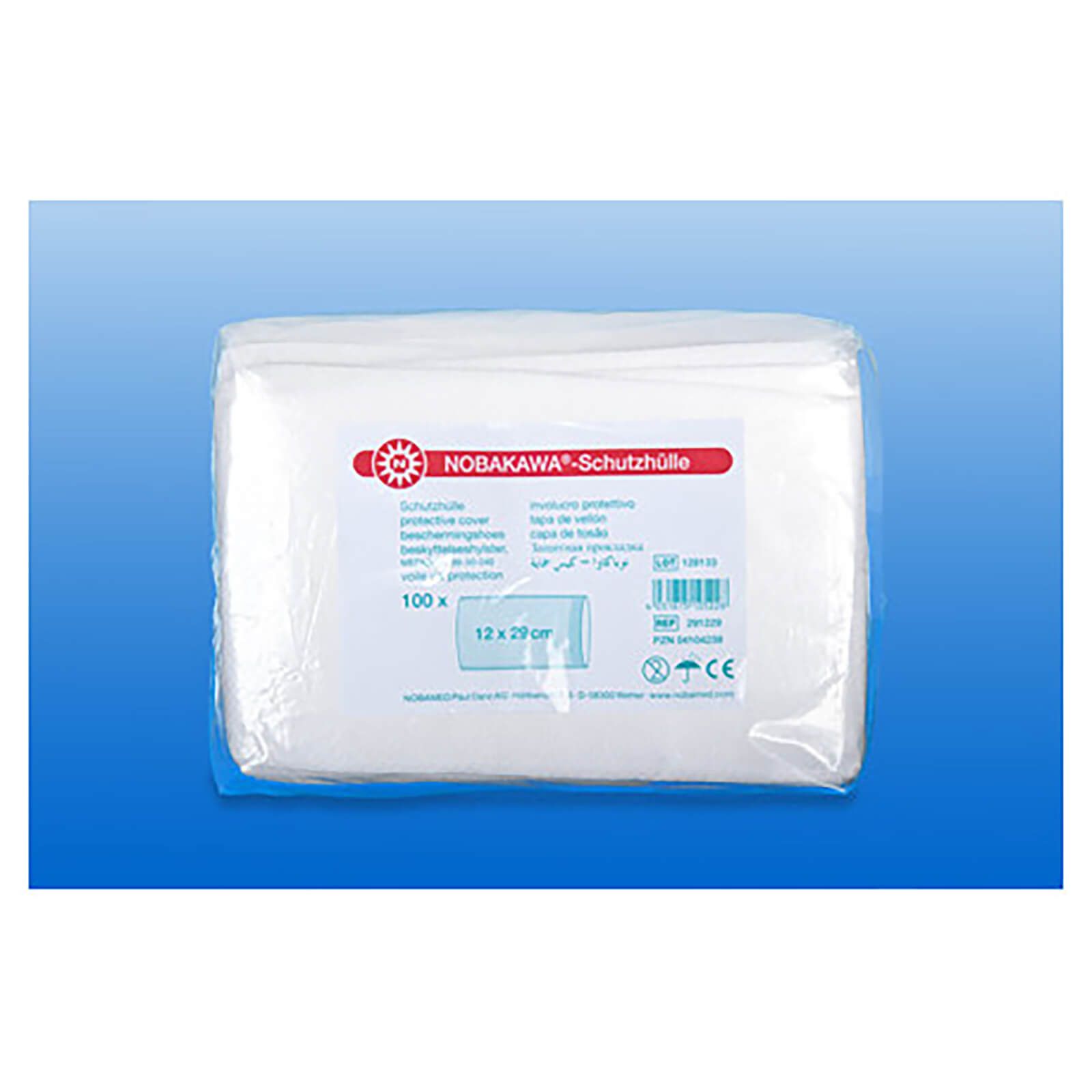 Verpackung mit weißen Schutzhüllen. Aufschrift NOBAKAWA-Schutzhülle, 12 x 20 cm, 100 Stück.