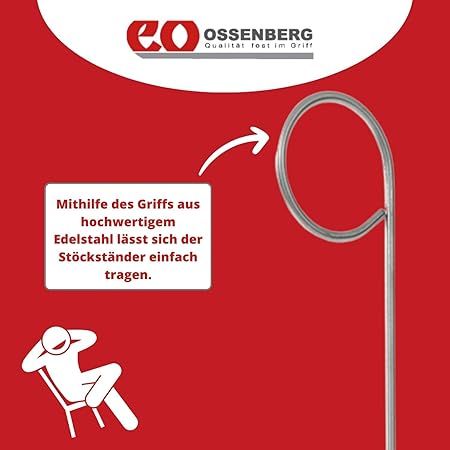Roter Hintergrund mit Ossenberg-Logo und Text. Edelstahlgriff des Ständers wird hervorgehoben.
