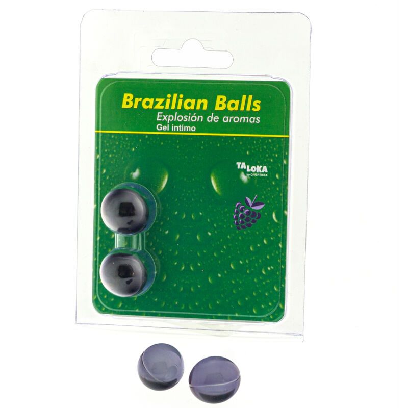 Zwei runde, dunkle Kugeln in Blisterverpackung. Aufschrift: Brazilian Balls, Gel íntimo. Marke: Taloka.
