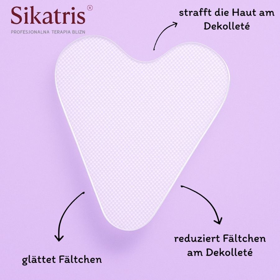 Herzförmiges Pflaster mit Text: Sikatris. Pfeile zeigen auf: glättet Fältchen, reduziert Fältchen, strafft die Haut am Dekolleté.