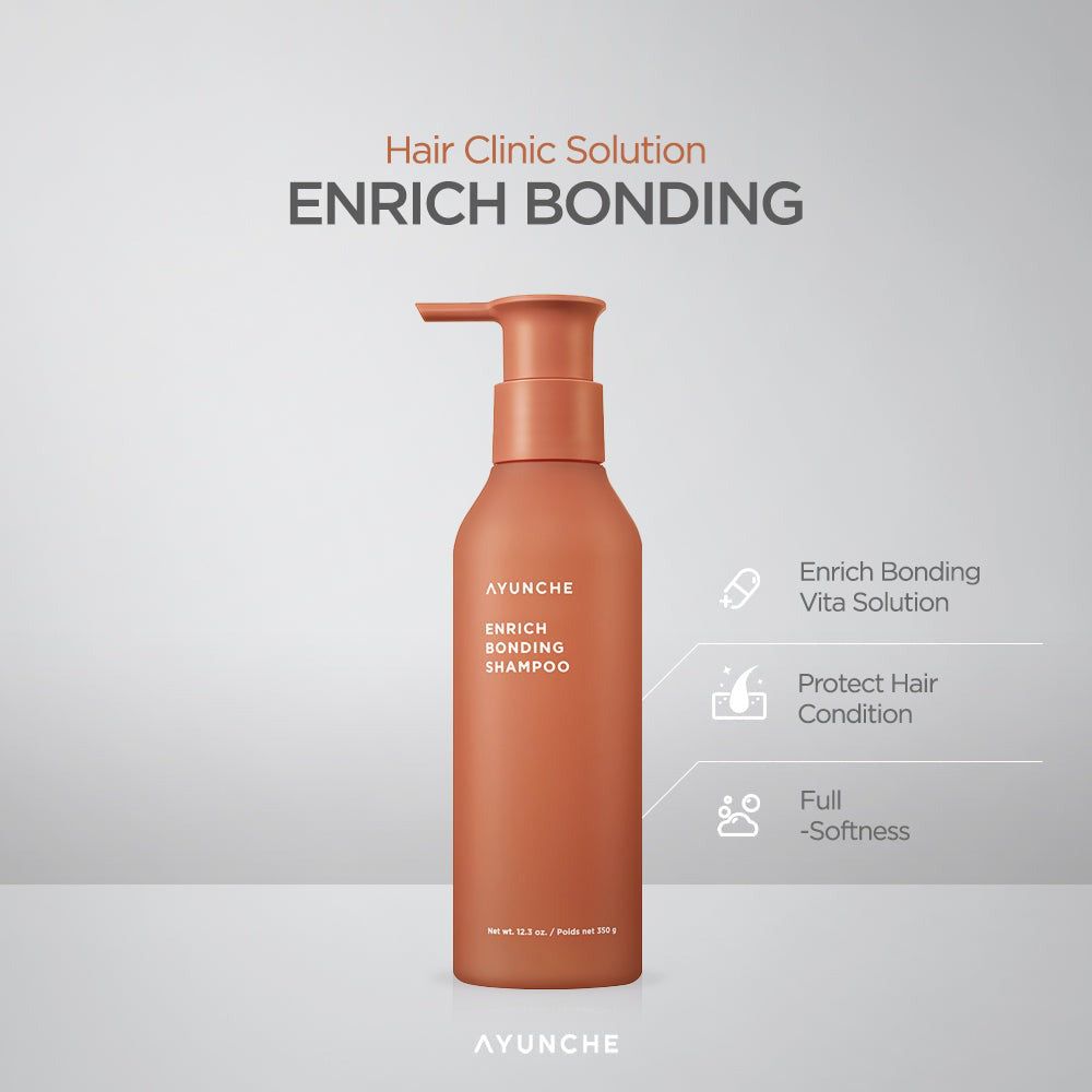 Flasche AYUNCHE ENRICH BONDING SHAMPOO mit Icons für Vita Solution, Haarpflege und Weichheit.