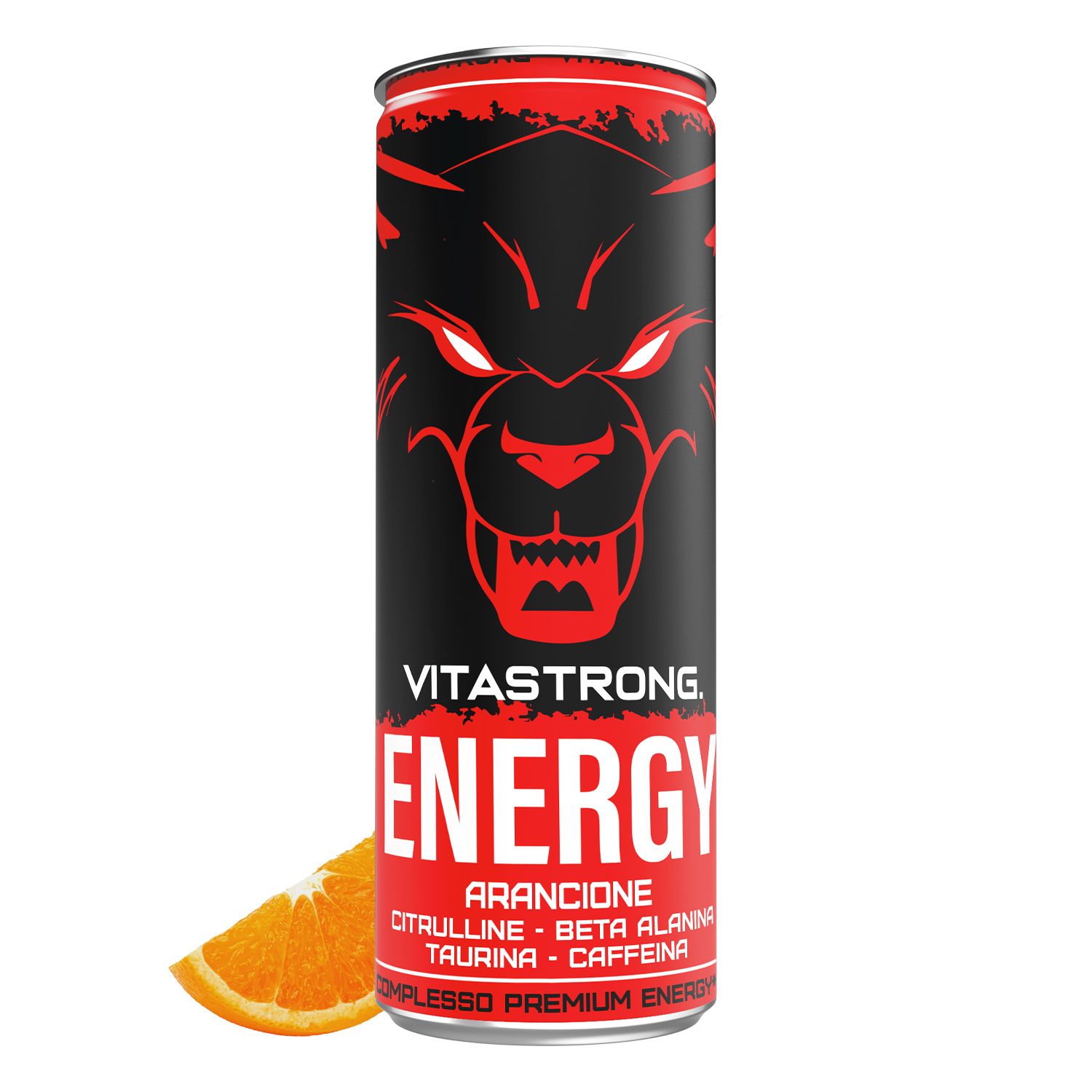 Dose Vitastrong Energy Orange. Rote Dose mit schwarzem Wolfsgesicht. Orange-Scheibe daneben.