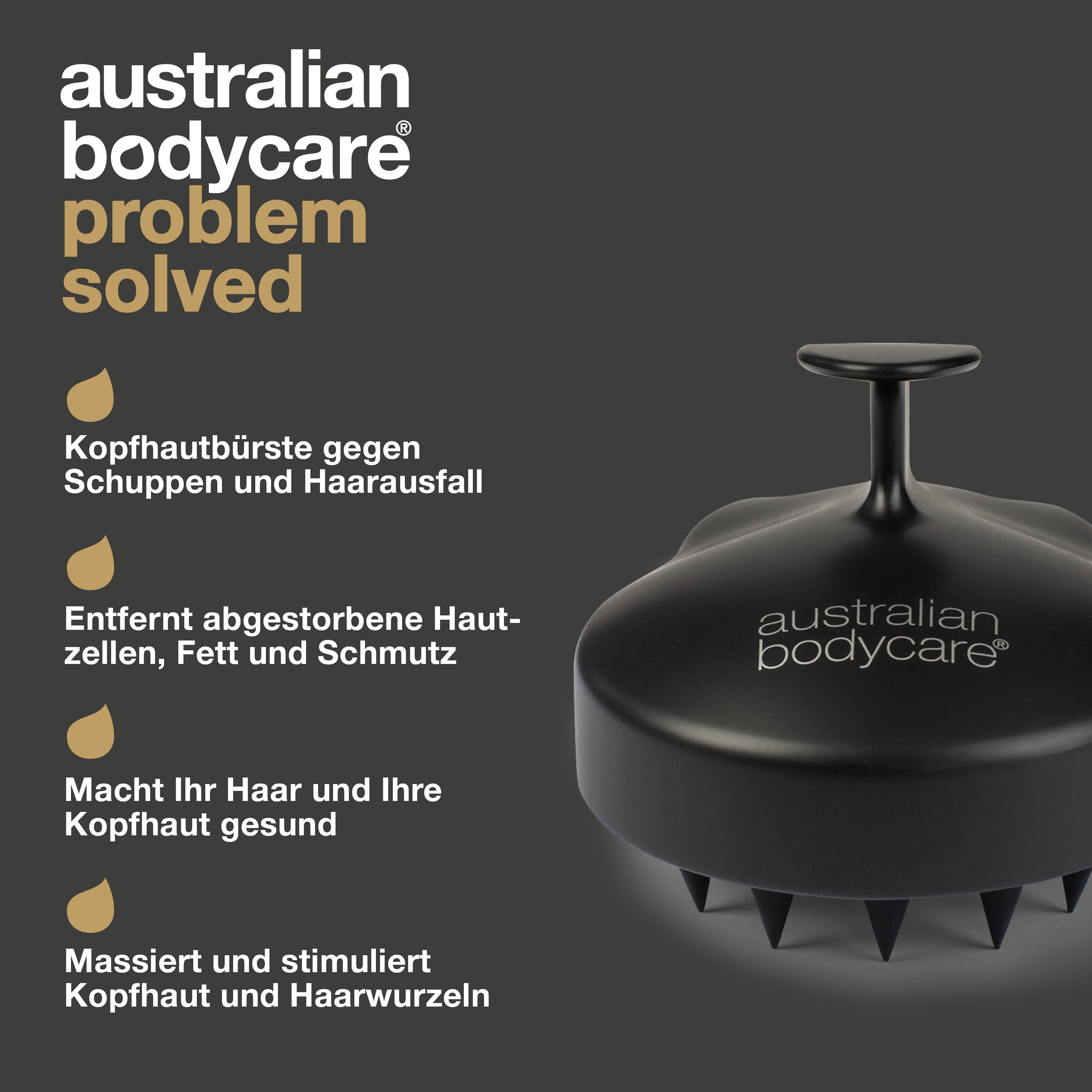 Grafik: Kopfmassagebürste und Text. Text: Kopfhautbürste gegen Schuppen und Haarausfall, entfernt abgestorbene Hautzellen, etc.