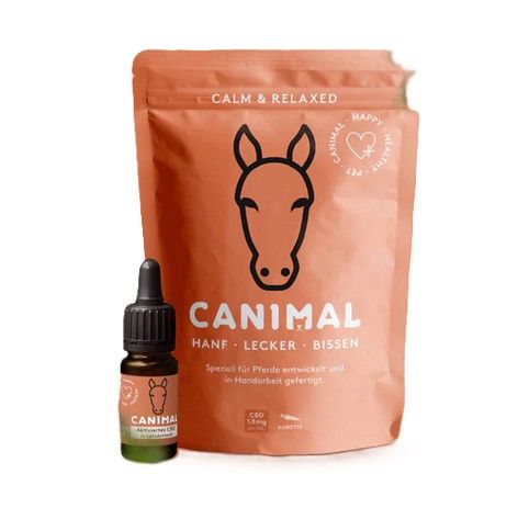 Beutel und Flasche mit CANIMAL-Logo. Beutel mit Aufschrift "CALM & RELAXED". Flasche mit Pipette und Aufschrift "CANIMAL CBD".