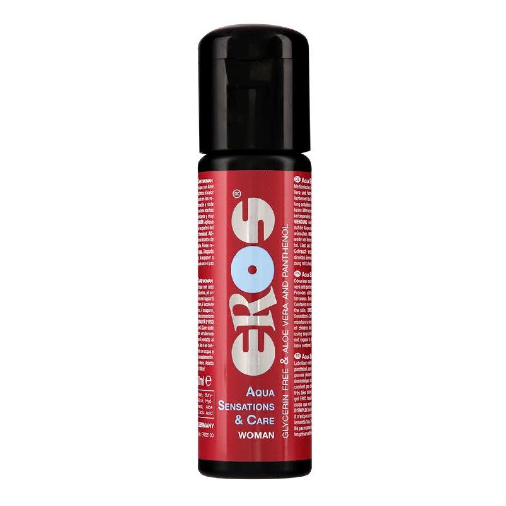EROS Aqua Sensations & Care Woman Gleitmittel in roter Flasche mit schwarzem Verschluss.