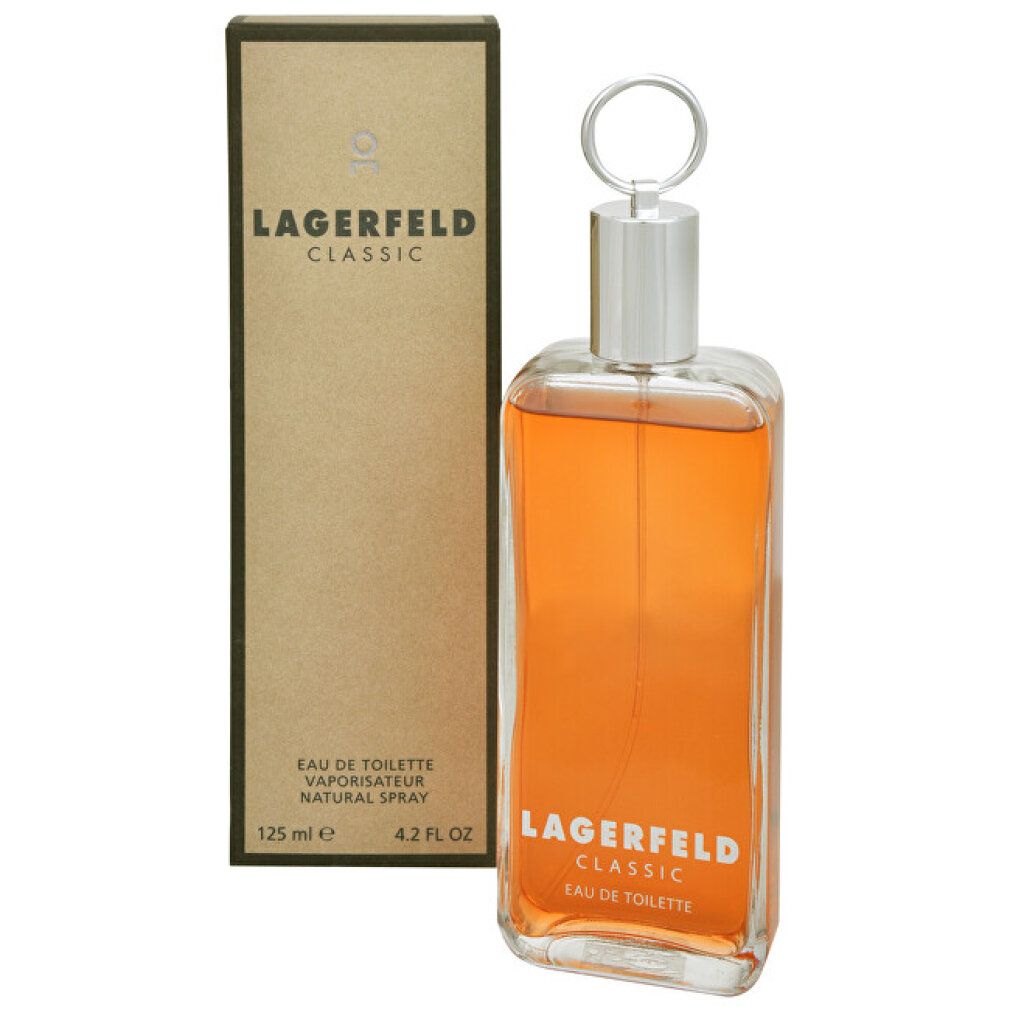 Flakon und Verpackung. Rechteckiger Flakon mit silbernem Verschluss. Orangefarbene Flüssigkeit. Schriftzug: Lagerfeld Classic.