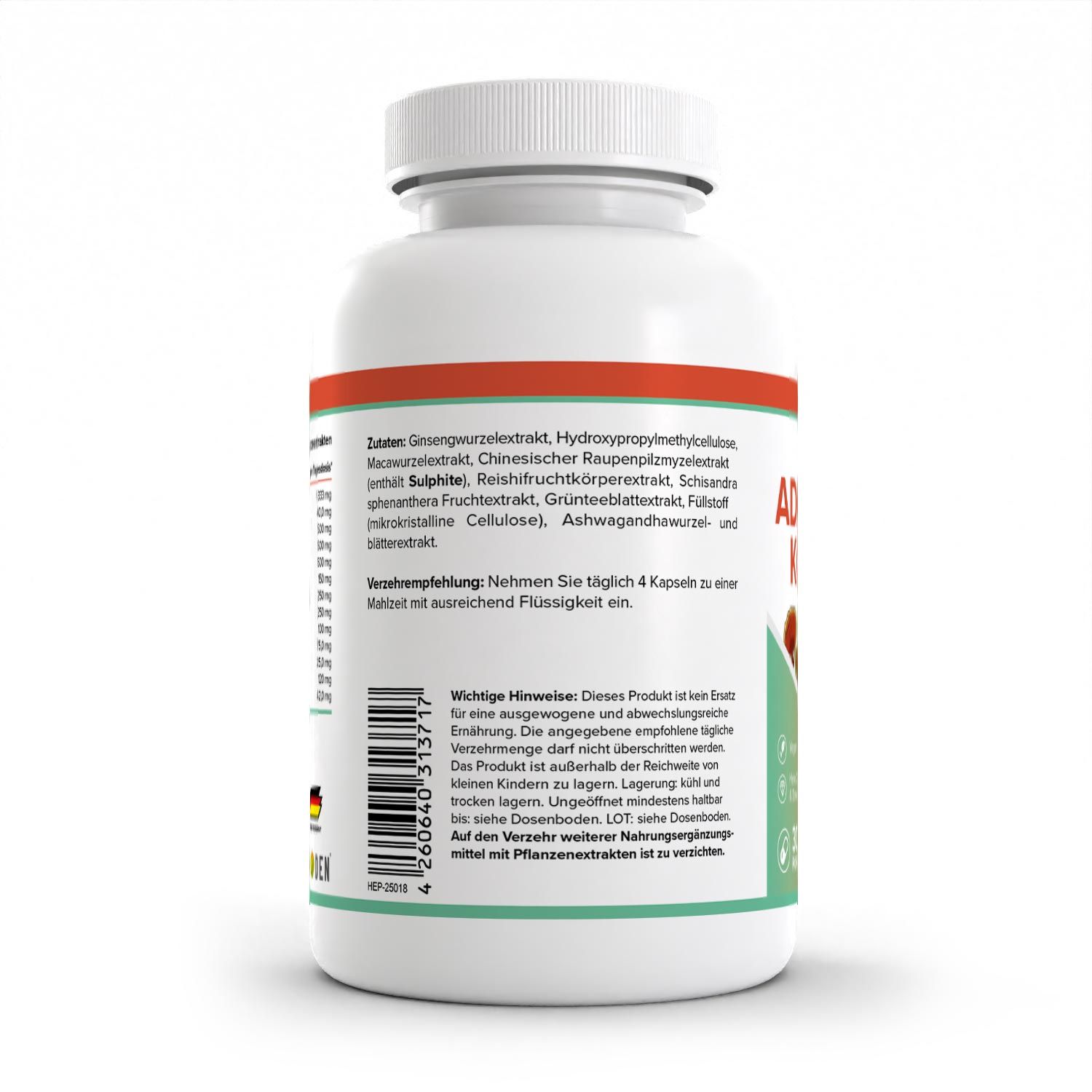 Rückseite einer weißen Flasche. Etikett mit Zutaten und Verzehrempfehlung. Aufschrift: ADAPTOGEN KOMPLEX. Hergestellt in Deutschland.