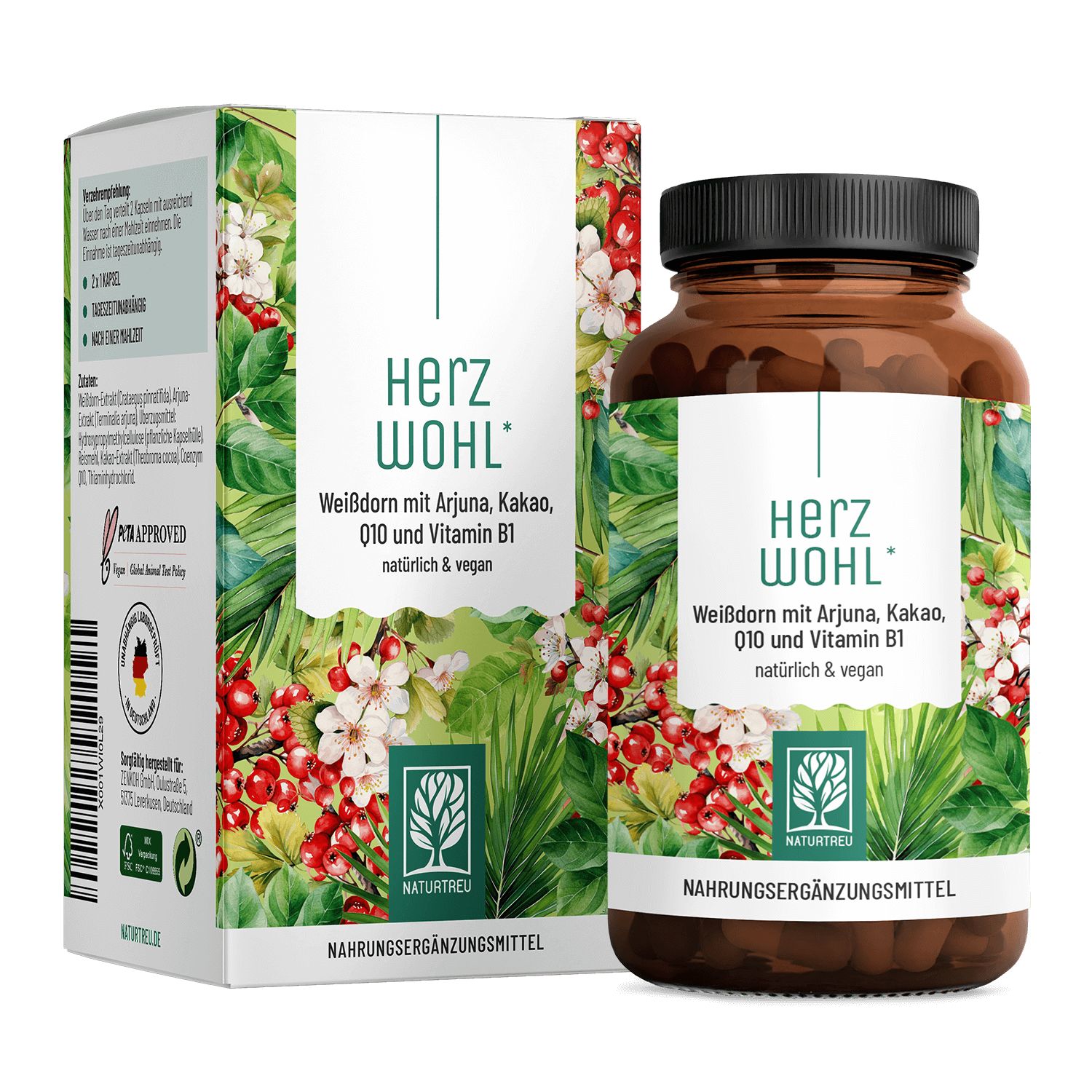 Braune Flasche und Schachtel mit Produktetikett. Aufschrift: Herz Wohl, Weißdorn, Arjuna, Kakao, Q10, Vitamin B1. Naturtreu, Nahrungsergänzungsmittel.