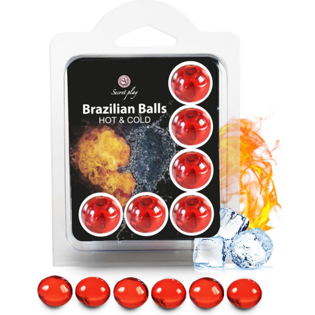 Sechs rote Kugeln in Verpackung. Aufschrift: Brazilian Balls HOT & COLD. Abbildung von Feuer und Eis.