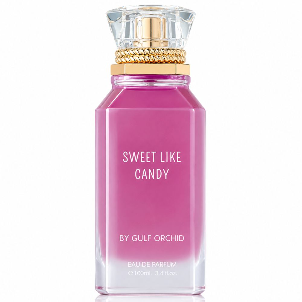 Gulf Orchid Sweet Like Candy Eau de Parfum Flakon mit Kristallverschluss und goldenem Band.