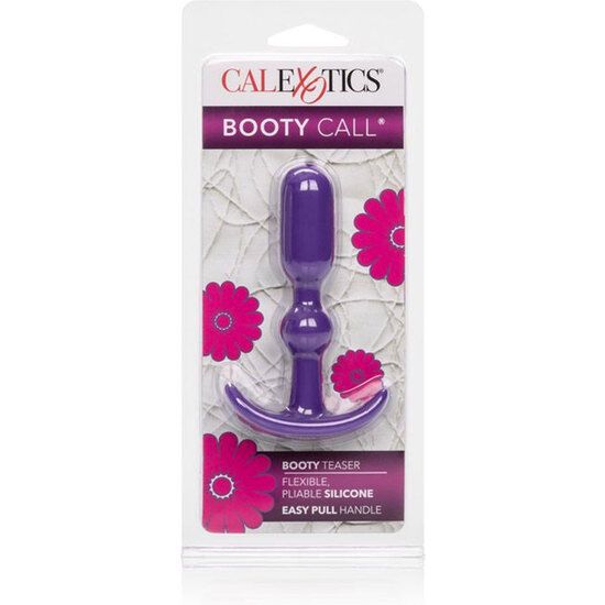 Lila Anal-Dilator in Blisterverpackung. Mit Griff und Basis. Marke Calexotics, Schriftzug "Booty Call".