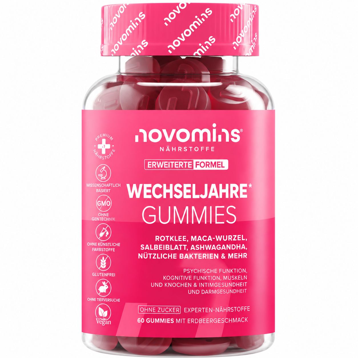 Novomins Wechseljahre Gummies, 60 Stück, Erdbeergeschmack.