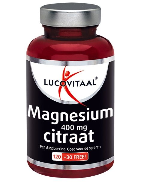 Vorderseite einer Flasche mit Magnesiumcitrat-Tabletten, mit Markennamen und Dosierungsangabe.