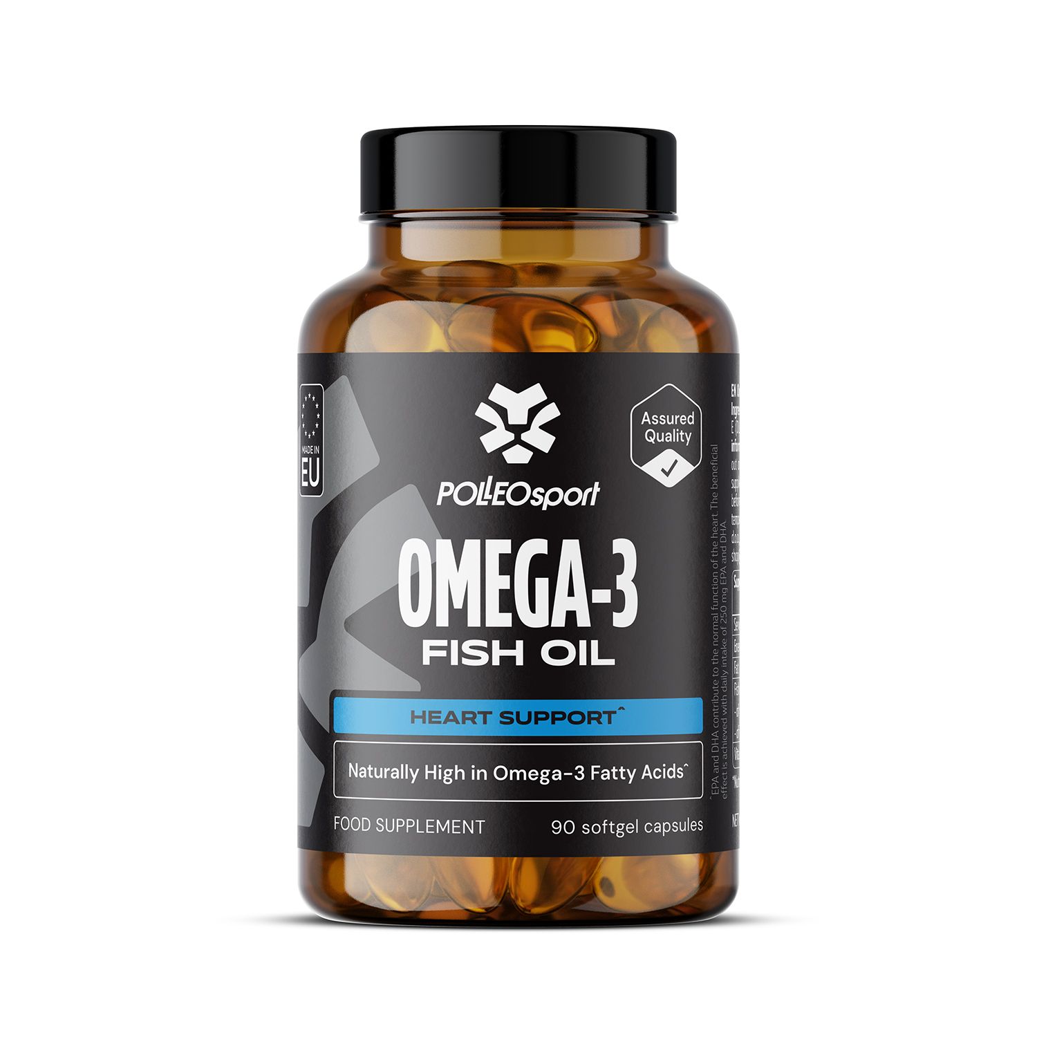 Braune Glasflasche mit Omega-3 Fischöl Kapseln. Schwarzes Etikett mit weißer Schrift. "PolleoSport" und "Omega-3 Fish Oil" deutlich sichtbar. "90 softgel capsules".