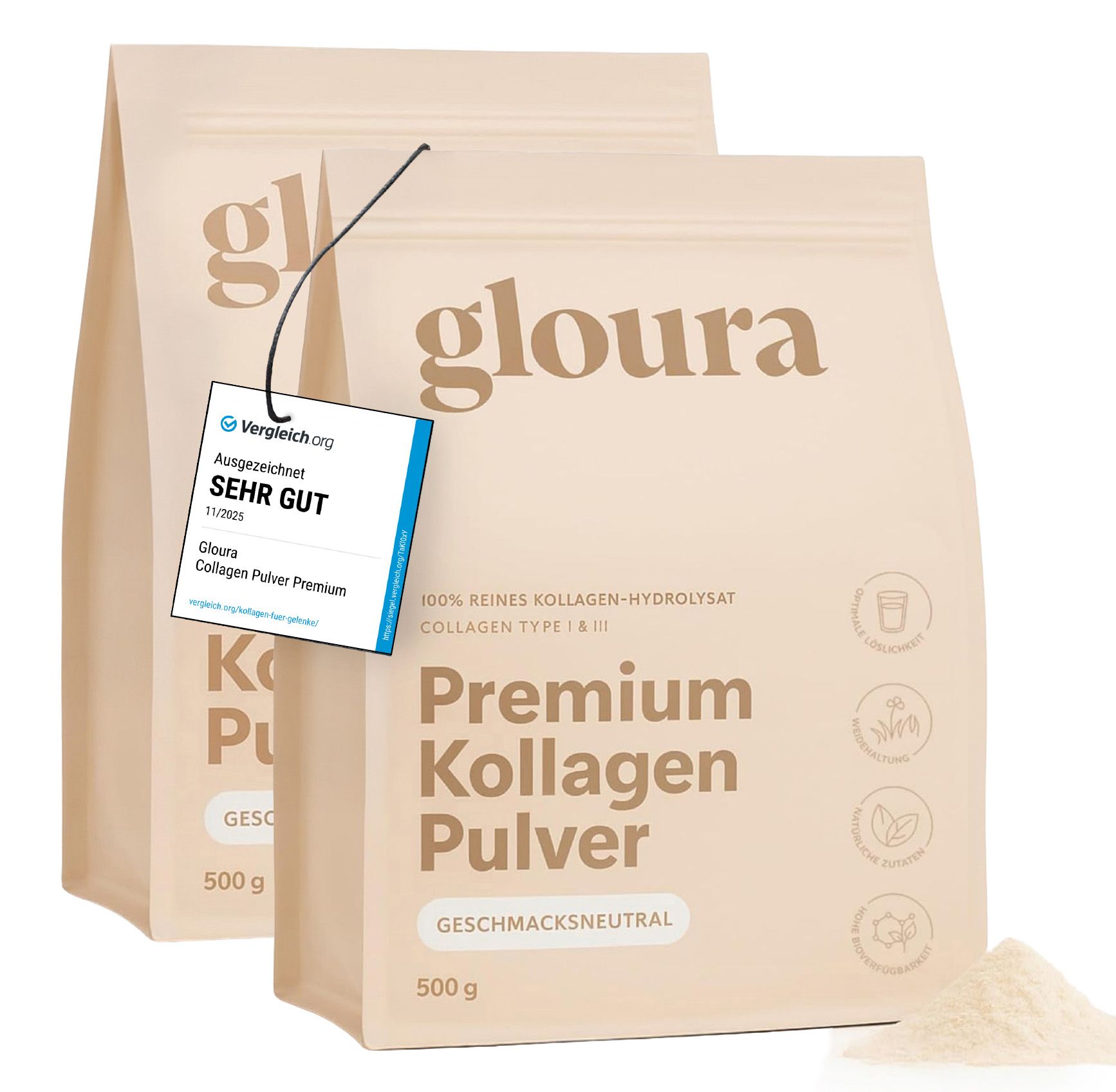 Zwei Beutel Gloura Premium Kollagen Pulver. Auf einem Beutel hängt ein Anhänger mit der Auszeichnung "SEHR GUT".