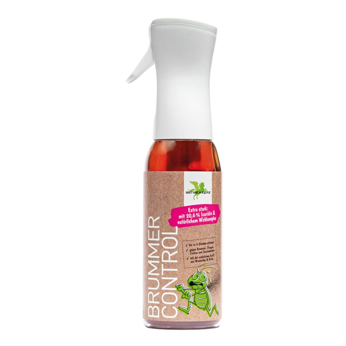Sprühflasche mit weißem Sprühkopf. Auf dem Etikett steht "BRUMMER CONTROL".