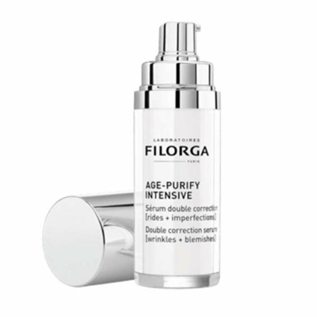 Filorga Age-Purify Intensive Serum. Weiße Flasche mit silbernem Pumpkopf und Deckel. Produktname und Text.