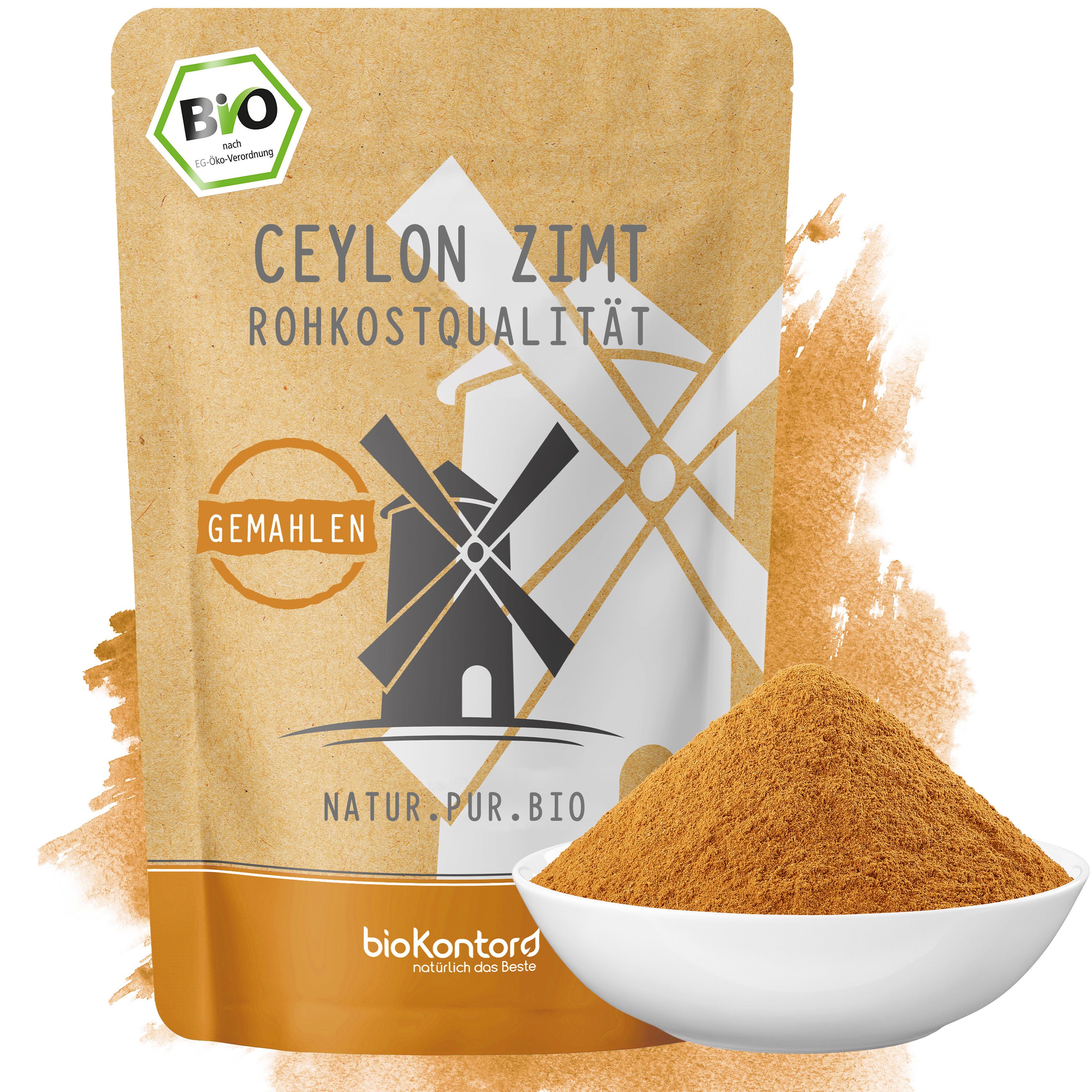 Bio Ceylon Zimt Rohkostqualität gemahlen in Papiertüte und Schale, mit Bio-Siegel.