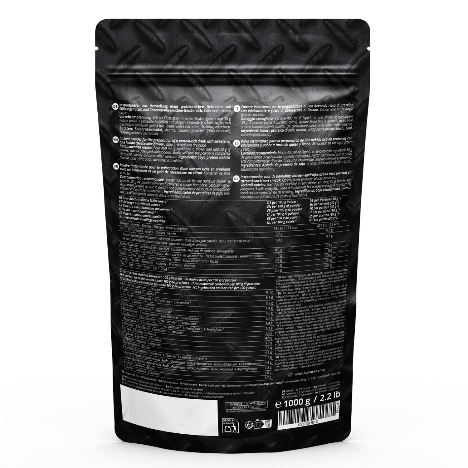 Rückseite einer schwarzen Proteinpulver-Verpackung mit Text in mehreren Sprachen. Enthält Nährwertangaben und Inhaltsstoffe.