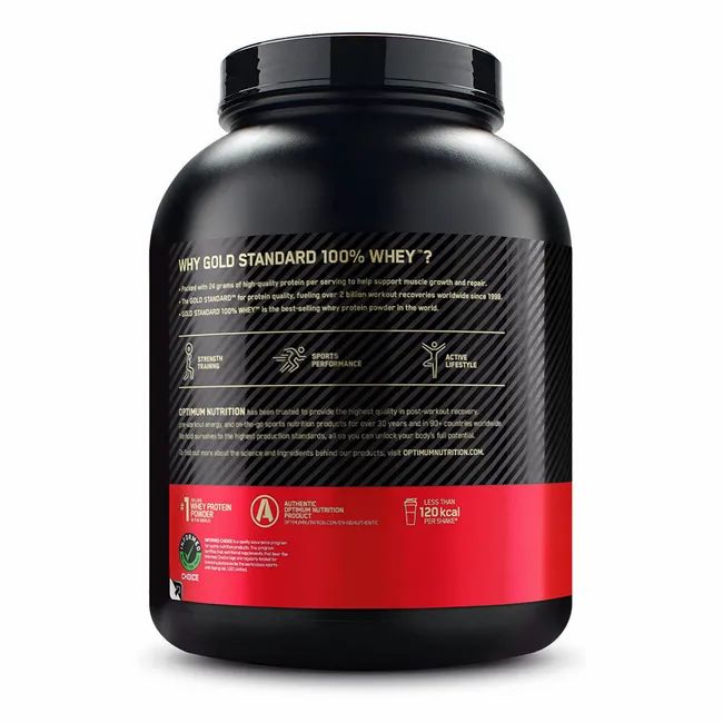 Rückseite eines schwarzen Behälters mit rotem Etikett. Text: Gold Standard 100% Whey. Logos und Informationen zu Inhaltsstoffen.